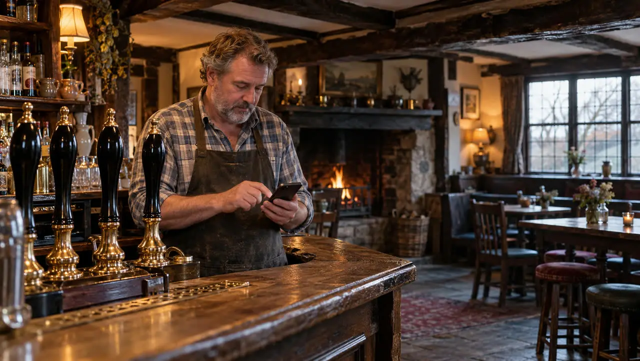 A village pub landlord checking a table booking on his phone behind the bar.