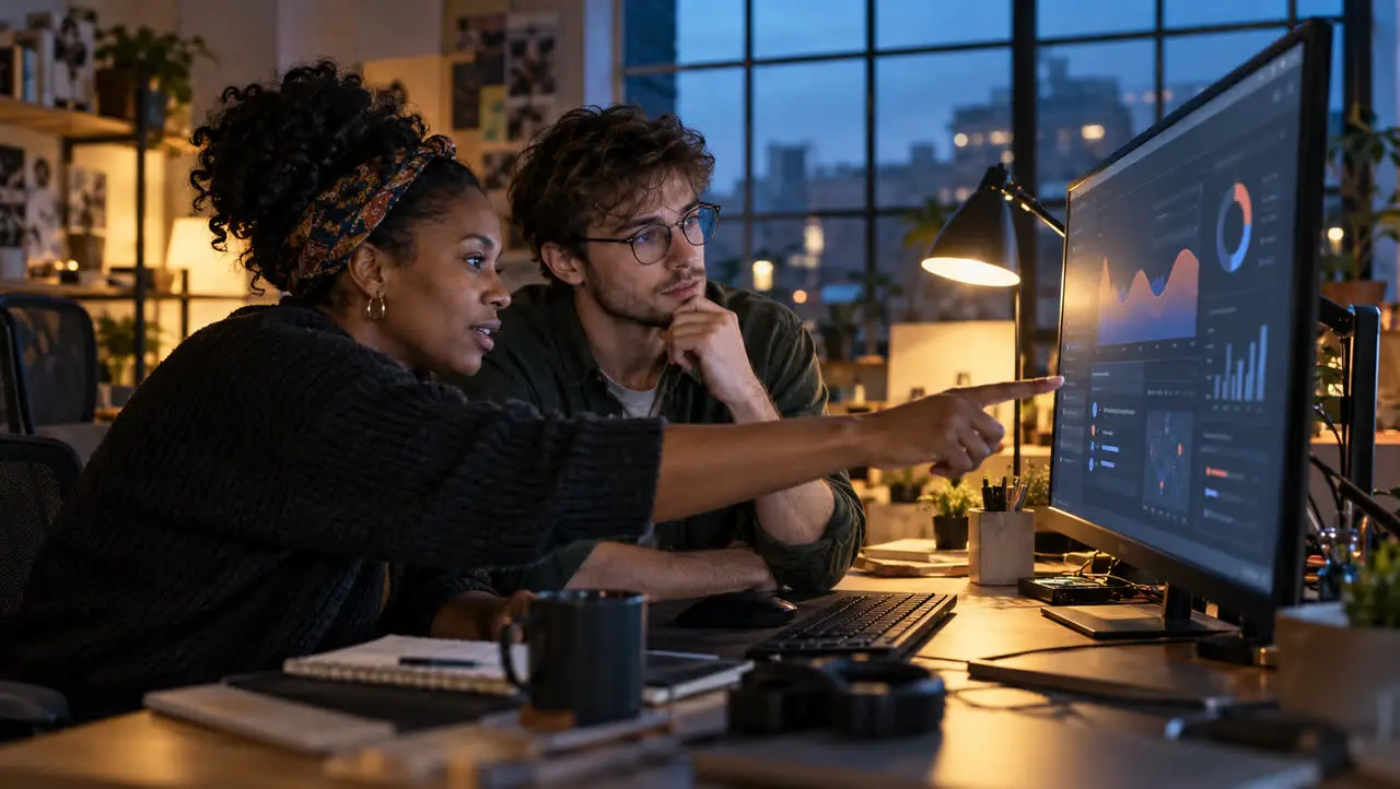 Two developers at a desk in the evening looking at a dashboard on a large monitor.