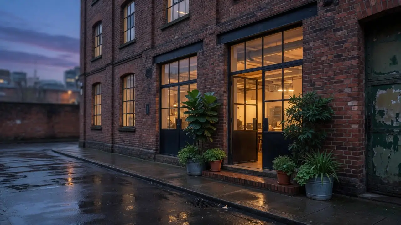 The entrance of a converted London warehouse office at dusk, warm light behind tall glass doors.
