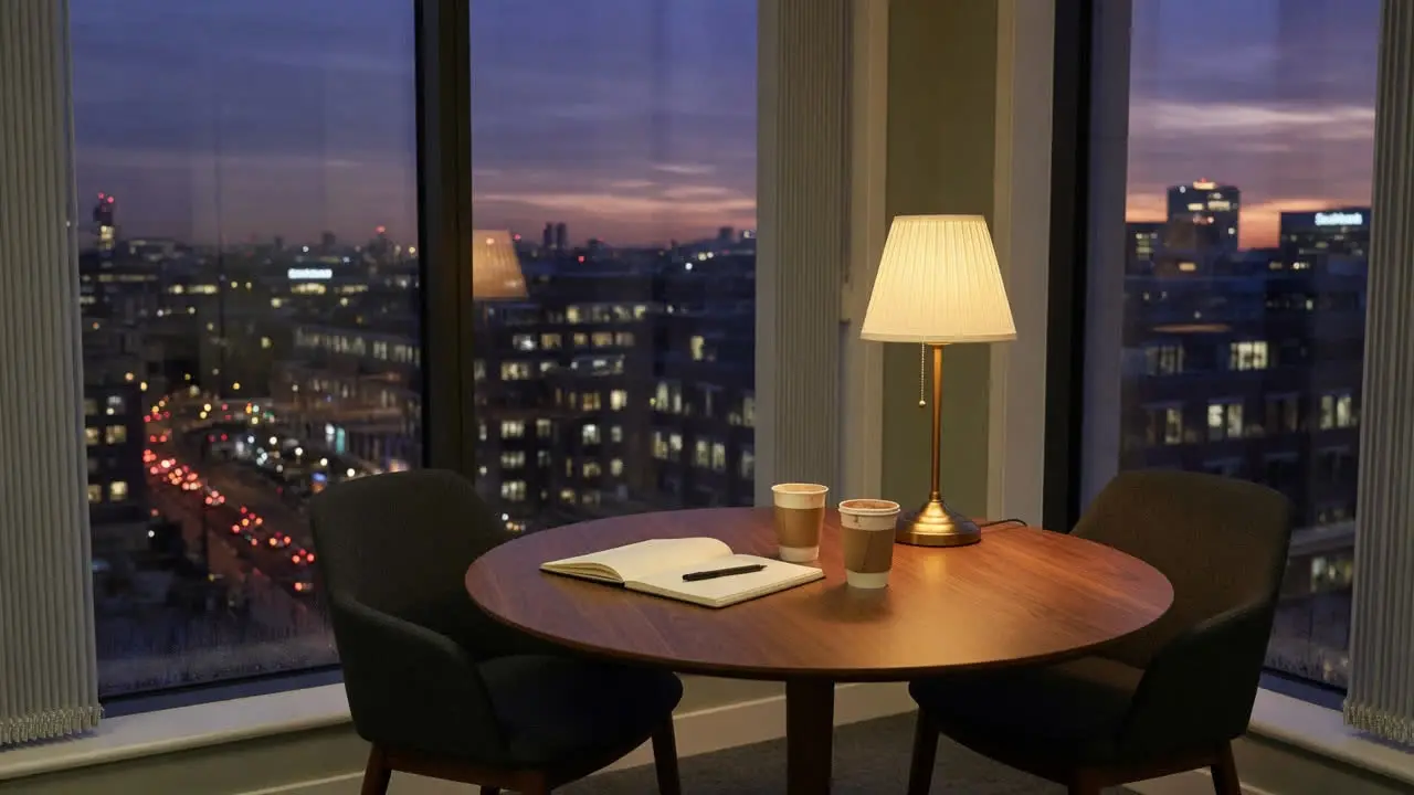 A quiet meeting room in a London office at dusk, a walnut table set with a notebook and two coffees, city lights through tall windows.
