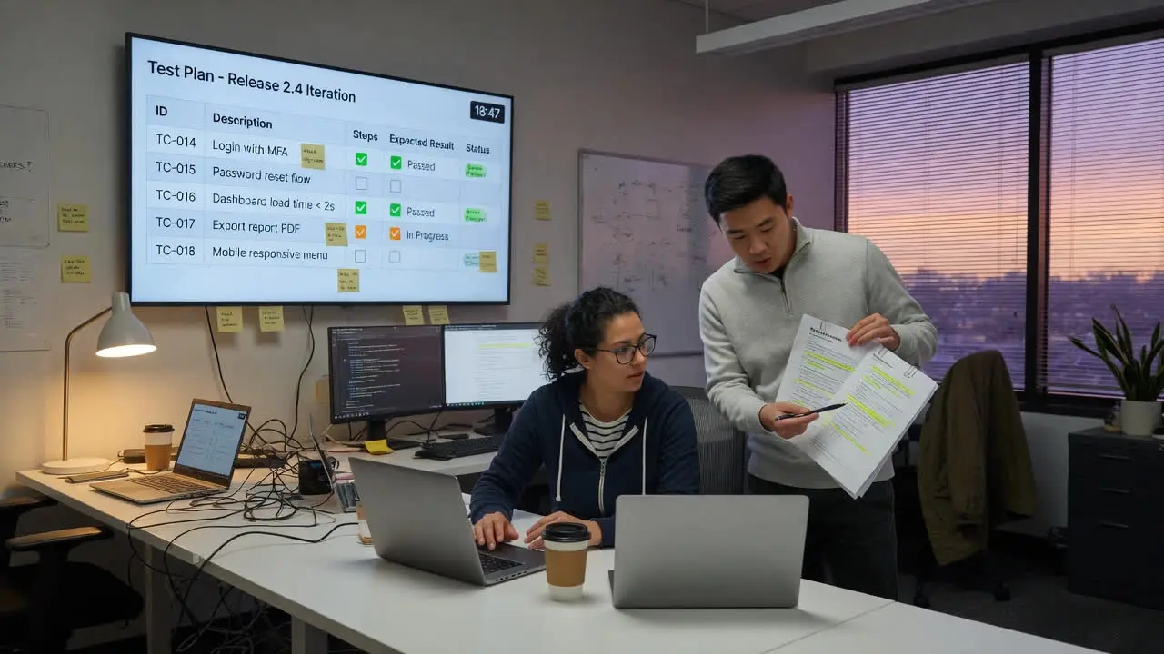 Two people working through a software test plan at dusk, test cases marked passed and in progress on a wall screen behind them.