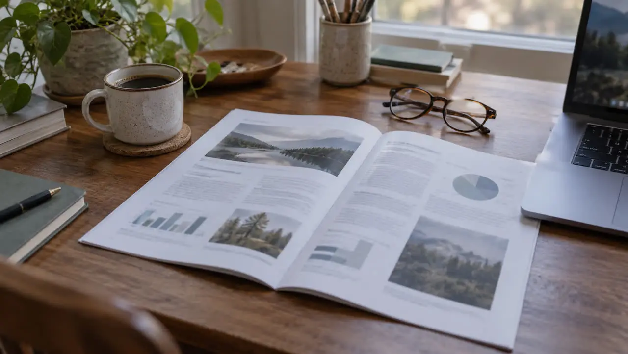 A printed report on a desk beside a cup of coffee and a pair of glasses.
