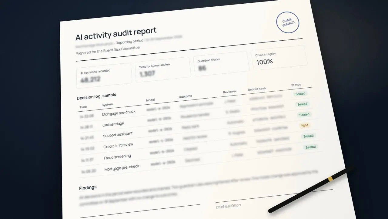 A printed AI activity audit report on a desk, its decision log showing sealed records with the details blurred.