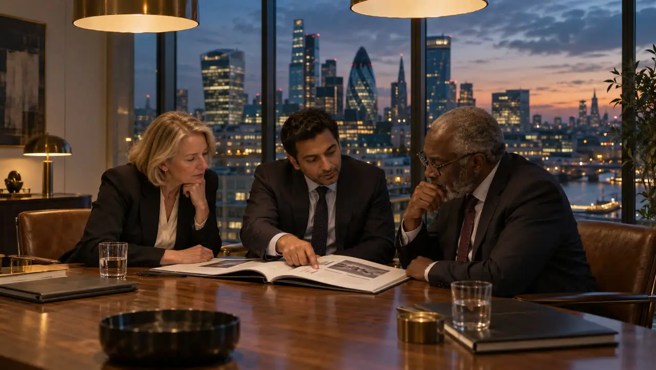 Three senior colleagues reviewing a bound report at a walnut boardroom table, the City of London at dusk behind them.