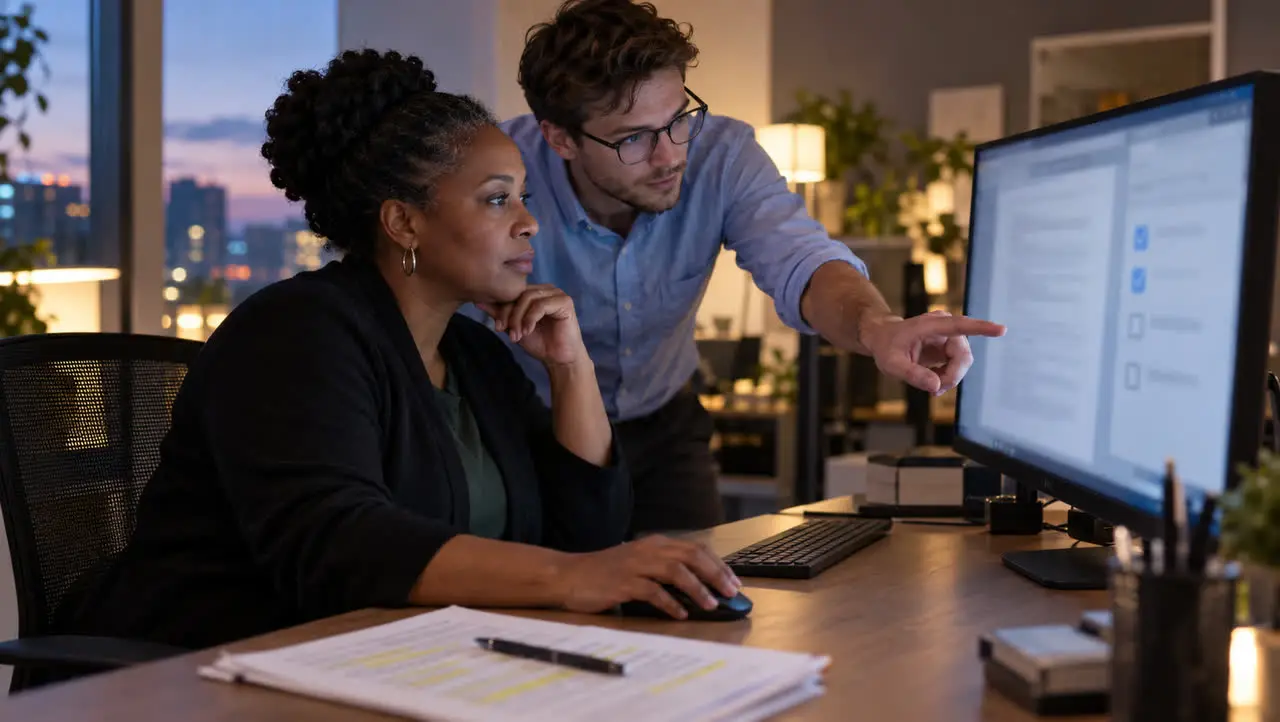 A compliance manager about to approve a decision on screen while a colleague points to a checklist.
