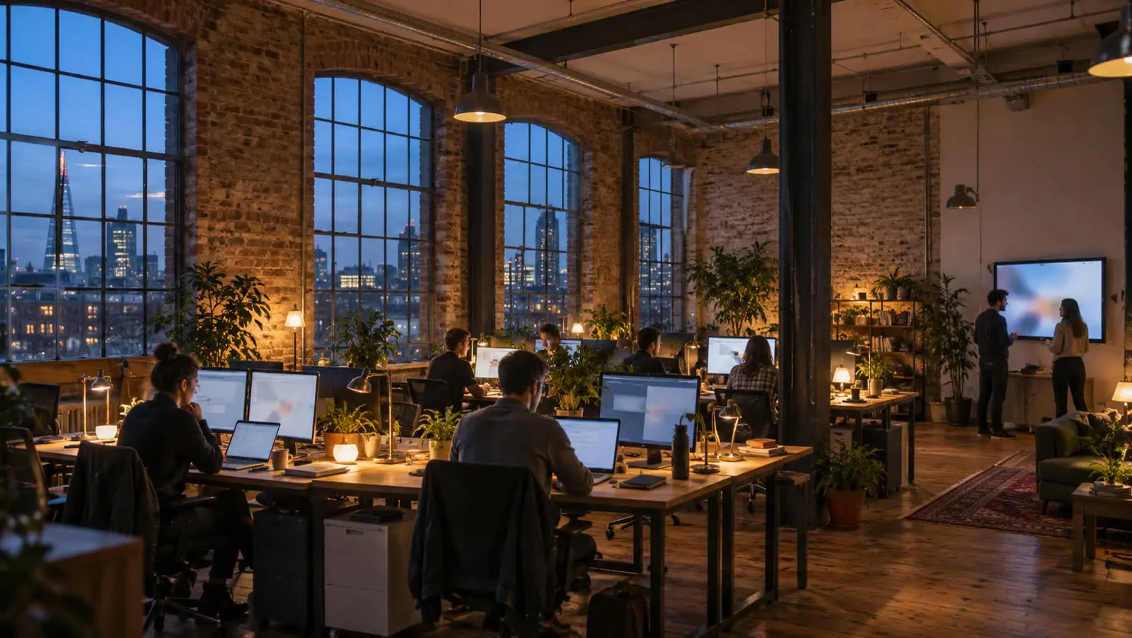 An open-plan studio in a converted London warehouse at dusk, people working at long desks.