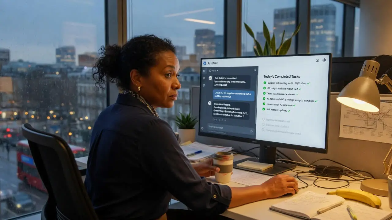 An operations manager at her desk in a London office at dusk, reviewing an AI assistant's chat and its list of completed tasks on a large monitor.