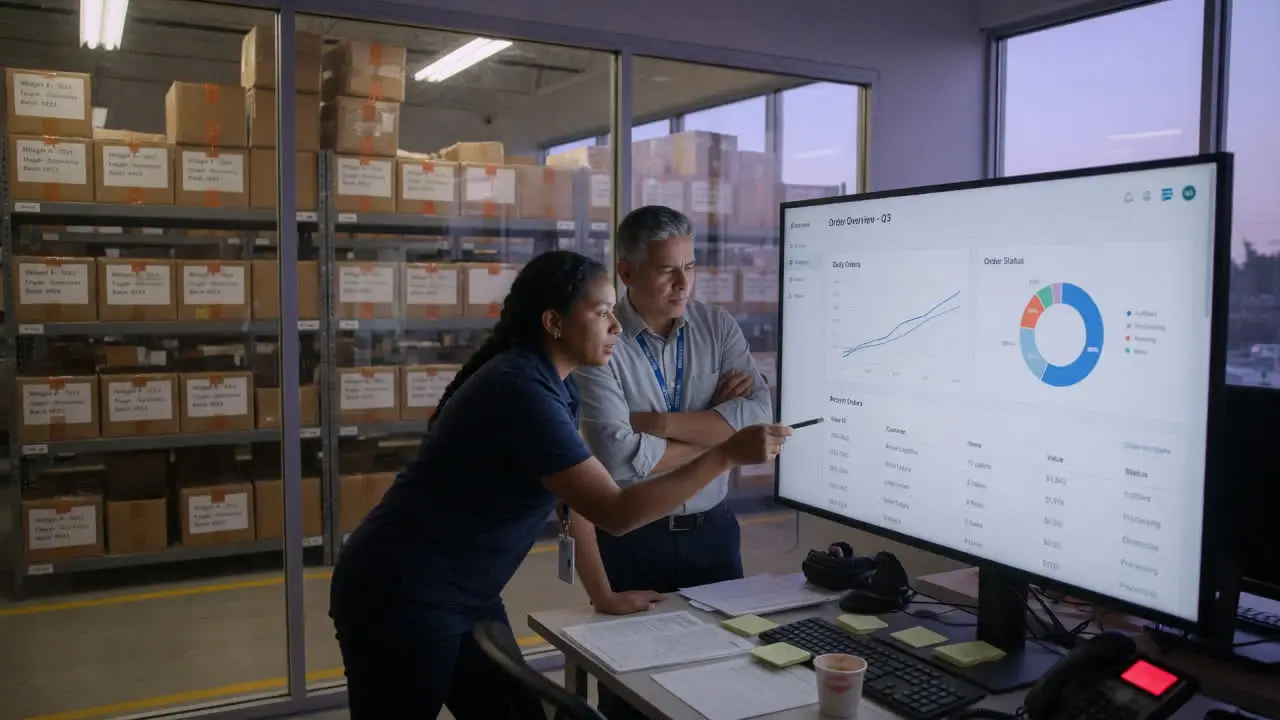 Two colleagues in a warehouse office studying an orders dashboard on a large monitor, shelves of boxes behind the glass.