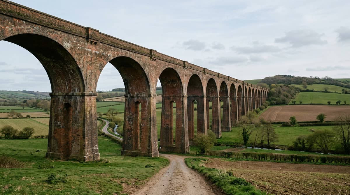 A brick railway viaduct carrying a line across an English valley on tall arches, farmland underneath.