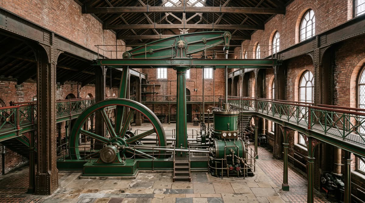 The interior of a restored Victorian pumping station, a green cast iron beam engine and flywheel standing between brick walls and iron walkways.